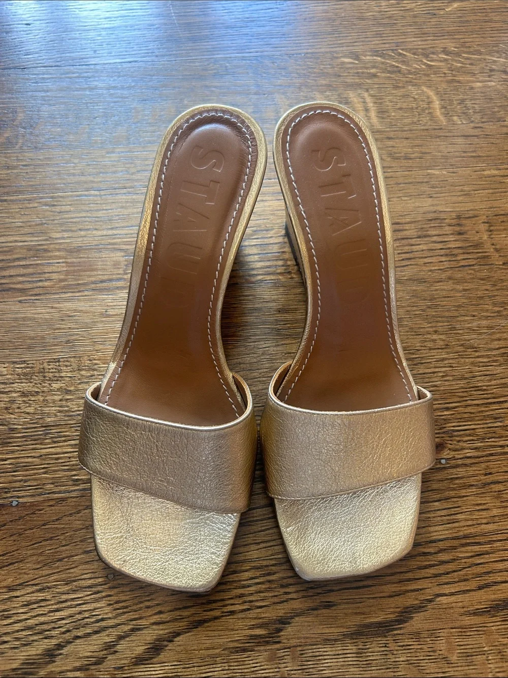 STAUD Metallic Gold Leather Slide Wedge Sandals 37 - Picture 2 of 4